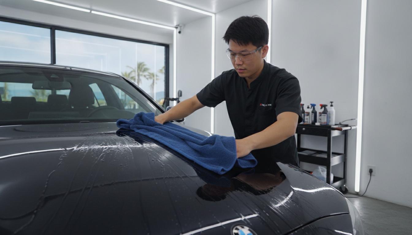技師用微纖維毛巾擦乾鍍膜車輛