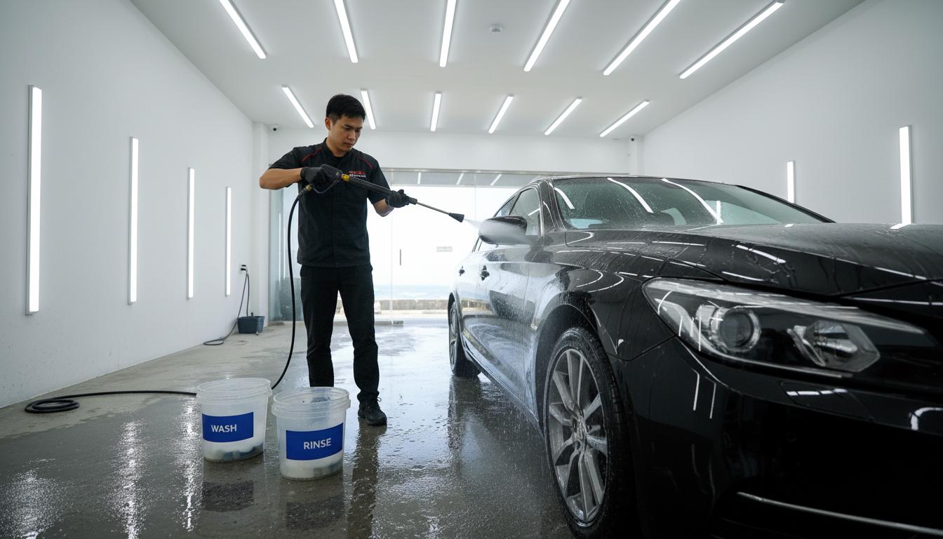 技師用兩桶水法手工洗車