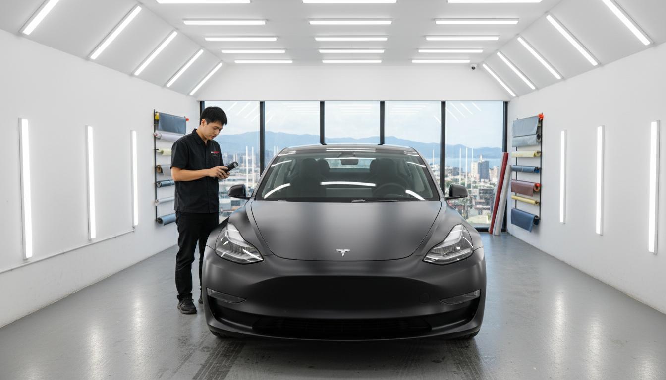 技師檢查包膜完工的Tesla